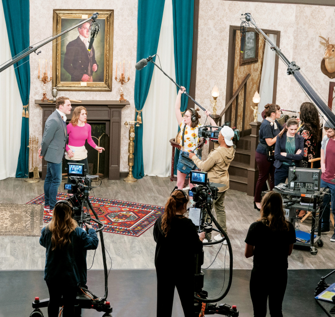 Performing arts students on the set of 